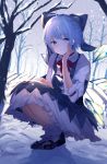  1girl absurdres ahoge blue_dress blue_eyes blue_hair bow cirno dress eyebrows_visible_through_hair frills hair_bow hand_on_leg hand_on_own_face highres huge_filesize ice ice_wings kneeling kozomezuki maid_dress red_neckwear ribbon short_hair smile snow solo touhou wings winter 