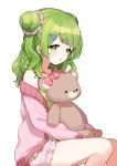  1girl bangs bare_shoulders blush bow camisole double_bun eyebrows_visible_through_hair feet_out_of_frame frilled_shorts frills green_camisole green_eyes green_hair hair_ornament hairclip jacket knees_together_feet_apart long_hair long_sleeves looking_at_viewer loungewear morinaka_kazaki nijisanji off_shoulder open_clothes open_jacket parted_lips pink_bow pink_jacket pink_shorts polka_dot polka_dot_bow polka_dot_camisole short_shorts shorts simple_background sitting sleeves_past_wrists solo stuffed_animal stuffed_toy teddy_bear two_side_up virtual_youtuber white_background yamabukiiro 