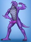  4_toes anisodactyl anthro arm_spikes belly_scales biceps black_claws blue_background blue_eyes claws empty_eyes epic_games erection flexing fortnite full-length_portrait genitals glowing glowing_eyes grin hi_res hybrid_(fortnite) male muscular muscular_anthro muscular_male nude penis portrait pose purple_body purple_penis purple_scales quads redgreendied ridged_penis scales scalie serratus sharp_teeth simple_background smile snout solo spiked_tail spikes spikes_(anatomy) standing tapering_penis teeth toes triceps vextrum video_games 