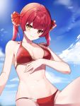  1girl bangs bikini breasts cloud day eyebrows_visible_through_hair hair_ribbon heterochromia highres hololive houshou_marine large_breasts long_hair looking_at_viewer navel parted_lips prawnlunchset red_bikini red_eyes red_hair red_ribbon ribbon sky smile solo swimsuit twintails virtual_youtuber yellow_eyes 