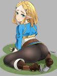  big_butt blonde_hair blue_eyes breath_of_the_wild butcha-u butt clothing female hair hi_res humanoid humanoid_pointy_ears hylian looking_at_viewer looking_back nintendo not_furry princess_zelda solo the_legend_of_zelda tight_clothing video_games 