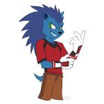  1:1 alexander_quillback_(chrislshack1998) anthro blue_body blue_fur blue_quills bottomwear clothing eulipotyphlan fur green_eyes hedgehog hi_res male mammal red_clothing red_shirt red_topwear shirt shorts solar-socks tan_bottomwear tan_clothing tan_shorts topwear 