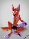  anthro bottomwear boxers_(clothing) canid canine canis clothing dingo gaming hi_res juneduck21 male mammal playing_videogame shorts solo underwear 