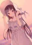  1girl bangs bare_shoulders black_eyes black_hair dress dutch_angle eyebrows_visible_through_hair frilled_dress frills gin_(oyoyo) gokou_ruri hand_on_headwear hat hat_ribbon highres holding holding_clothes holding_hat long_hair looking_at_viewer mole mole_under_eye off-shoulder_dress off_shoulder ore_no_imouto_ga_konna_ni_kawaii_wake_ga_nai ribbon smile solo sun_hat sundress white_dress white_headwear white_ribbon 