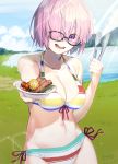  1girl :d arm_up bangs bare_shoulders bikini board_game bowl breasts cleavage cloud collarbone corn cowboy_shot fate/grand_order fate_(series) food fuyuhi_tsukika glasses grass hair_over_eyes hair_over_one_eye highres holding lake large_breasts light_purple_hair looking_at_viewer mash_kyrielight mountain navel open_mouth purple_eyes rainbow_bikini short_hair signature sky smile solo steak striped striped_bikini sunlight swimsuit teeth tomato tongs 