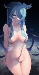  1girl :q absurdres aqua_hair areola_slip areolae blue_eyes breasts completely_nude elira_pendora hair_censor hair_over_one_eye hand_on_own_crotch head_wings highres large_breasts licking_lips long_bangs long_hair midriff navel nijisanji nijisanji_en nude sweat tongue tongue_out twitter_username virtual_youtuber wings zephryion 