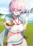  1girl :d arm_up bangs bare_shoulders bikini blue_shirt board_game bowl breasts cleavage cloud collarbone corn cowboy_shot dress_shirt fate/grand_order fate_(series) food fuyuhi_tsukika glasses go grass hair_over_eyes hair_over_one_eye highres holding lake large_breasts light_purple_hair looking_at_viewer mash_kyrielight mountain navel open_mouth purple_eyes rainbow_bikini sheer_clothes shirt short_hair signature sky smile solo steak striped striped_bikini sunlight swimsuit swimsuit_of_perpetual_summer_ver.02 teeth tomato tongs unbuttoned unbuttoned_shirt 