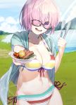  1girl :d arm_up bangs bikini blue_shirt board_game bowl breasts cleavage cloud collarbone corn cowboy_shot dress_shirt fate/grand_order fate_(series) food fuyuhi_tsukika glasses go grass hair_over_eyes hair_over_one_eye highres holding lake large_breasts light_purple_hair looking_at_viewer mash_kyrielight mountain navel open_mouth purple_eyes rainbow_bikini sheer_clothes shirt short_hair signature sky smile solo steak striped striped_bikini sunlight swimsuit teeth tomato tongs unbuttoned unbuttoned_shirt 