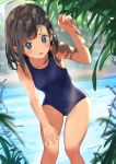  1girl bangs blue_eyes blue_swimsuit blurry_foreground blush breasts brown_hair collarbone day hand_on_lap highres leaning_forward long_hair mashiro_kta open_mouth original outdoors school_swimsuit small_breasts solo standing sweatdrop swimsuit 