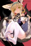  1girl absurdres animal_ears arknights bangs bare_shoulders blonde_hair blue_hairband commentary_request dm_(dai_miao) eyebrows_visible_through_hair feet fox_ears green_eyes hair_between_eyes hair_rings hairband head_tilt highres looking_at_viewer no_shoes oripathy_lesion_(arknights) revision short_hair skirt_hold solo suzuran_(arknights) thighhighs thighs white_legwear 