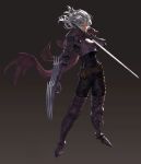  1boy absurdres armor assassin belt breastplate claw_(weapon) clawed_gauntlets closed_mouth cococo00 facial_scar gauntlets gradient gradient_background greaves grey_hair hair_between_eyes highres holding holding_sword holding_weapon long_hair male_focus original pauldrons purple_scarf red_eyes scar scarf shoulder_armor solo standing sword torn_clothes torn_scarf vambraces weapon 