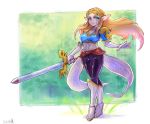  1girl blonde_hair blue_eyes floating_hair highres holding holding_sword holding_weapon long_hair looking_to_the_side oomasa_teikoku pointy_ears princess_zelda solo sword the_legend_of_zelda the_legend_of_zelda:_breath_of_the_wild walking weapon zelda_musou 