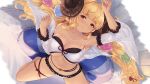  1girl anila_(granblue_fantasy) arm_up armpits bangs bare_shoulders bikini blonde_hair blunt_bangs blush bow breasts brown_eyes cait cleavage closed_mouth collarbone curled_horns detached_sleeves eyebrows_visible_through_hair frilled_bikini frilled_sleeves frills granblue_fantasy hair_ornament highres horns innertube large_breasts layered_bikini long_hair looking_at_viewer lying navel on_back ribbon smile solo swimsuit thick_eyebrows thigh_ribbon thigh_strap very_long_hair white_bikini 