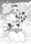  1girl anno88888 bangs bikini blush breasts cloud denim denim_shorts enemy_lifebuoy_(kantai_collection) flower gambier_bay_(kantai_collection) greyscale hairband hat highres holding holding_flower kantai_collection large_breasts long_hair mini_hat monochrome open_mouth shinkaisei-kan shoes shorts signature sitting sky sneakers sparkle strapless strapless_bikini sunflower swimsuit twintails 