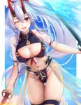  1girl :d absurdres bikini blue_background blue_fire blush border braid breasts breasts_apart cleavage_cutout commentary_request dual_wielding fate/grand_order fate_(series) fire flaming_sword flaming_weapon hair_ribbon highres holding holding_sword holding_weapon katana long_hair medium_breasts mitsudomoe_(shape) one_eye_closed open_mouth ponytail purple_bikini red_eyes ribbon see-through see-through_sleeves short_sleeves side_braid signature silver_hair slit_pupils smile solo swimsuit sword thighhighs tomoe0812y tomoe_(symbol) tomoe_gozen_(fate/grand_order) tomoe_gozen_(swimsuit_saber)_(fate) very_long_hair waist_cape weapon white_border 