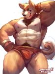  abs absurd_res anthro areola biceps big_muscles black_nose blep bodily_fluids body_hair bulge canid canine canis chest_hair clothing curled_tail domestic_dog fur gloves handwear happy_trail hi_res husky looking_at_viewer male mammal muscular muscular_legs muscular_thighs nipples nordic_sled_dog pecs pink_areola pink_eyes pink_nipples pinup pinup_pose pose red_clothing red_underwear snartles solo spitz sweat tongue tongue_out underwear whiskers yellow_body yellow_fur 