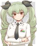  1girl anchovy_(girls_und_panzer) anzio_school_uniform bangs black_neckwear black_ribbon breasts closed_mouth dated dress_shirt drill_hair emblem eyebrows_visible_through_hair flying_sweatdrops girls_und_panzer green_hair grey_background hair_ribbon hand_on_own_elbow highres light_blush long_hair long_sleeves looking_at_viewer medium_breasts necktie outline outside_border pointing red_eyes ribbon school_uniform shirt simple_background smile solo twin_drills twintails twitter_username upper_body white_background white_outline white_shirt wing_collar zetto-plus 