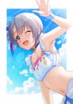  1girl absurdres armpits bare_shoulders black_eyes blue_sky choker cloud flat_chest grey_hair hair_ribbon hand_up highres idolmaster idolmaster_cinderella_girls jewelry looking_at_viewer midriff mikapoe navel necklace one_eye_closed open_mouth otokura_yuuki ribbon short_hair sky solo sunglasses sweat upper_body wrist_cuffs 