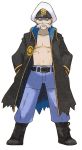  1boy artist_request belt black_coat black_eyes black_footwear blue_pants boots closed_mouth coat collarbone drake_(pokemon) elite_four facial_hair full_body hands_in_pockets hat high_collar legs_apart looking_at_viewer male_focus mustache navel official_art pants peaked_cap poke_ball_symbol poke_ball_theme pokemon pokemon_(game) pokemon_rse solo standing stomach torn_clothes torn_coat transparent_background trench_coat two-sided_fabric white_headwear 
