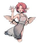  1girl :d apron bird_wings breasts eyebrows_visible_through_hair fang furrowed_eyebrows grey_apron hair_intakes head_wings highres low_wings medium_breasts mystia_lorelei naked_apron open_mouth pigeoncrow pink_hair short_hair simple_background smile solo touhou white_background wings 