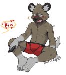  aggressive_retsuko anthro blush bulge chang52084 clothed clothing emanata haida hyaenid luwei_(artist) male mammal muscular muscular_anthro muscular_male sanrio sitting solo topless underwear 