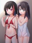  1girl 2girls absurdres aro_1801 bang_dream! bangs bare_arms bare_shoulders bikini black_hair blush bob_cut breasts cleavage collarbone commentary_request cowboy_shot eyebrows_visible_through_hair front-tie_bikini front-tie_top hair_ornament hairclip highres holding_strap huge_filesize long_hair looking_at_viewer medium_breasts mitake_ran multicolored_hair multiple_girls naked_towel navel okusawa_misaki open_mouth red_bikini red_hair short_hair side-tie_bikini smile streaked_hair sweatdrop swimsuit towel untied untied_bikini 