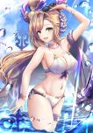  1girl bikini breasts brown_eyes cape cleavage collarbone granblue_fantasy groin hair_ornament head_wings highres large_breasts navel open_mouth outdoors smile solo song_(granblue_fantasy) sunglasses swimsuit tipto 