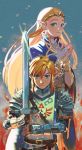  1boy 1girl alternate_costume armor belt blonde_hair blue_eyes fingerless_gloves glint gloves hair_between_eyes holding holding_sword holding_weapon hylian_crest link looking_at_viewer pointy_ears princess_zelda sidelocks sword the_legend_of_zelda the_legend_of_zelda:_breath_of_the_wild tiara uzucake weapon zelda_musou 