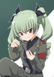  1girl absurdres anchovy_(girls_und_panzer) anzio_military_uniform belt bow commentary drill_hair girls_und_panzer green_hair grin hair_bow highres holding military military_uniform necktie raku_rakugaki red_eyes riding_crop simple_background smile solo twintails uniform 