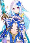  1girl armor blue_hair blue_shirt breasts center_opening cowboy_shot flower fuzichoco gauntlets gold_trim hair_flower hair_ornament highres holding holding_sword holding_weapon knight lize_helesta long_hair looking_at_viewer medium_breasts multicolored_hair navel nijisanji pelvic_curtain purple_eyes revealing_clothes rubber_duck sebastian_piyodore shirt shoulder_armor simple_background sketch smile solo spaulders stomach streaked_hair sword two-tone_hair virtual_youtuber weapon white_background white_bloomers white_hair 