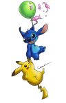  2020 balloon blue_body blue_claws blue_fur blue_markings brown_body brown_fur brown_markings chest_tuft claws crossover disney duo fur head_tuft hi_res lilo_and_stitch looking_down looking_up markings nintendo open_mouth pikachu pink_inner_ear pok&eacute;mon pok&eacute;mon_(species) popping slutmut smile stitch_(lilo_and_stitch) toe_claws tuft video_games yellow_body yellow_fur 
