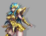  1girl absurdres aqua_hair aquarius_camus armor ass_visible_through_thighs bangs black_legwear black_panties blue_hair breastplate breasts commentary contrapposto forehead_protector gauntlets gem gold_armor gold_saint grey_background highres jay_b_lee large_breasts long_hair looking_at_viewer mole mole_under_eye panties saint_seiya shoulder_armor single_thighhigh skindentation solo thighhighs underwear 