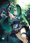  1girl arm_up armpits breasts bug butterfly commentary_request detached_sleeves forest green_hair highres hololive hood insect japanese_clothes medium_hair nature red_eyes small_breasts solo sukocchi sword tree uruha_rushia virtual_youtuber weapon 
