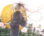  1boy ^_^ alternate_hairstyle blurry blurry_background bow closed_eyes flower hair_bow japanese_clothes kimono kogitsunemaru looking_back male_focus open_mouth oriental_umbrella ponytail smile sunomata touken_ranbu twitter_username umbrella white_hair yukata 