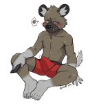  aggressive_retsuko anthro blush bodily_fluids bulge chang52084 clothed clothing erection erection_under_clothing haida hyaenid luwei_(artist) male mammal muscular muscular_anthro muscular_male sanrio sitting solo sweat sweatdrop topless underwear 