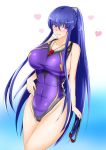  absurdres akiyama_rinko blue_background blue_hair blush breasts competition_swimsuit covered_navel eyebrows_visible_through_hair eyes_visible_through_hair feet_out_of_frame goggles gradient gradient_background highres large_breasts long_hair looking_at_viewer one-piece_swimsuit pink_background ponytail purple_eyes purple_swimsuit rekka_(alo4610) smile swimsuit taimanin_(series) taimanin_yukikaze whistle whistle_around_neck 