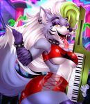  absurd_res amanddica bracelet canid canine canis clothed clothing collar ear_piercing ear_ring facial_piercing female five_nights_at_freddy&#039;s:_security_breach fur gloves green_hair hair handwear hi_res jewelry keyboard_instrument mammal musical_instrument nose_piercing nose_ring piano piercing purple_body purple_fur roxanne_wolf_(fnaf) sharp_teeth teeth tongue tongue_out tongue_piercing white_hair wolf 