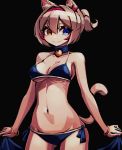  1girl allen_(makaroll) animal_ear_fluff animal_ears armpit_peek ass_visible_through_thighs bare_arms bare_legs bare_shoulders bell bell_choker bikini black_background blue_bikini blue_choker blue_eyes bracelet breasts breasts_apart brown_hair cat_ears cat_girl cat_tail choker closed_mouth collarbone colored_tips commentary cowboy_shot crotch eyebrows_behind_hair hair_between_eyes hairband halterneck heterochromia high_ponytail holding holding_sheet jewelry jingle_bell medium_breasts midriff moca_(makaroll) multicolored_hair navel original ponytail red_hair red_hairband ribs shiny shiny_hair short_hair short_ponytail sideboob simple_background smile solo strap_gap swimsuit tail tail_raised two-tone_hair underboob yellow_eyes 