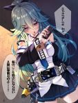  1girl aqua_eyes aqua_hair bare_shoulders black_ribbon black_serafuku black_skirt blue_neckwear blush breasts cowboy_shot detached_sleeves eyebrows_visible_through_hair hair_between_eyes hair_ribbon highres holding kamen_rider kamen_rider_555 kamen_rider_kaixa kantai_collection long_hair long_sleeves medium_breasts neckerchief open_mouth pleated_skirt ponytail ribbon school_uniform serafuku shaded_face skirt solo speech_bubble torisan translation_request yamakaze_(kantai_collection) 