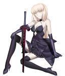  1girl absurdres artoria_pendragon_(all) bare_shoulders blonde_hair breasts cleavage elbow_gloves excalibur_morgan expressionless fate/grand_order fate_(series) gloves hand_on_own_knee high_heels highres katidoki looking_at_viewer medium_breasts saber_alter short_hair solo thighhighs white_background yellow_eyes 