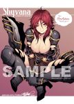  1girl armor armored_boots bangs black_legwear boots breast_press breasts character_name cleavage commission copyright_name crossed_legs eyebrows_visible_through_hair fishine heart high_heel_boots high_heels knee_boots large_breasts league_of_legends lips long_hair one_eye_closed patreon_username red_eyes red_hair sample shoulder_armor shyvana simple_background smile solo thank_you thighhighs torn_clothes torn_legwear watermark 