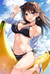  1girl :d banana_boat bangle bangs bare_shoulders bikini black_bikini blue_eyes blue_sky blush boku_no_kanojo_sensei bracelet breasts brown_hair cleavage cloud commentary_request earrings eyebrows_visible_through_hair eyewear_on_head flip-flops front-tie_bikini front-tie_top fujiki_maka groin hair_between_eyes halter_top halterneck hand_on_eyewear highres jewelry large_breasts long_hair long_sleeves looking_at_viewer navel necklace off_shoulder open_clothes open_mouth open_shirt oryou outdoors pink-framed_eyewear sandals shirt side-tie_bikini sky smile solo stomach straddling string_bikini striped striped_shirt sunglasses swimsuit thighs water wet 