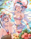  1girl animal_ears anklet bangs bare_shoulders barefoot bikini blush bow breasts cameltoe cleavage closed_eyes collarbone eyebrows_visible_through_hair eyewear_on_head feet feet_out_of_frame flower granblue_fantasy hair_bow hairband hands_on_own_knees hands_together jewelry leaf looking_at_viewer medium_breasts miazi miniskirt multiple_views navel neckwear open_mouth orange_nails outdoors outstretched_arms red_bow red_eyes scrunchie short_hair sitting skirt smile standing star-shaped_eyewear star_(symbol) striped striped_bikini sunglasses swimsuit thigh_strap thighs vikala_(granblue_fantasy) white_hair white_skirt wrist_scrunchie 