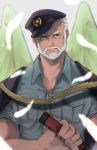  1boy bara beard facial_hair feathers hat highres hogen_(tokyo_houkago_summoners) jingisu_kan_(bara_artist) looking_at_viewer male_focus manly muscle old_man pectorals police police_hat police_uniform short_hair solo tokyo_houkago_summoners toned toned_male uniform upper_body white_hair yellow_eyes 