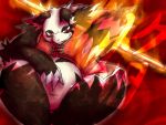  2010 4:3 anthro belly black_body black_fur chiro_(artist) clothed clothing fanfan fire fur giant_panda kemono male mammal overweight overweight_anthro sitting solo text ursid weapon white_body white_fur 