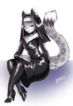  anthro clothing eyewear felid female glasses glistening glistening_clothing glistening_dress luvon mammal nun nun_outfit pantherine plantigrade rubber rubber_suit snow_leopard solo 