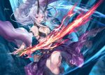  1girl bangs bare_shoulders bikini black_horns blue_bikini bow braid braided_ponytail breasts cleavage detached_sleeves dual_wielding earrings fate/grand_order fate_(series) fire holding hoop_earrings horns jewelry kousaki_rui large_breasts long_hair looking_at_viewer navel oni_horns open_mouth red_bow sarong sheath silver_hair swimsuit tomoe_gozen_(fate/grand_order) tomoe_gozen_(swimsuit_saber)_(fate) very_long_hair wide_sleeves 