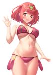  1girl :d \||/ absurdres arm_up ass_visible_through_thighs bangs bikini breasts eyebrows_visible_through_hair highres ken-san large_breasts navel open_mouth pyra_(xenoblade) red_bikini red_eyes red_hair shiny shiny_hair short_hair simple_background smile stomach swimsuit thigh_gap tiara underboob waving white_background xenoblade_chronicles_(series) xenoblade_chronicles_2 