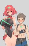  1boy 1girl breasts highres large_breasts pyra_(xenoblade) red_eyes red_hair rex_(xenoblade) serin199 short_hair shorts swimsuit tall_female xenoblade_chronicles_(series) xenoblade_chronicles_2 