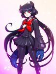  1girl akaishi_kuroe black_hair black_skirt bow hair_horns leadapprentice looking_at_viewer monster_girl open_hand otome_kaijuu_carameliser red_bow red_eyes school_uniform serafuku short_hair skirt solo tail 